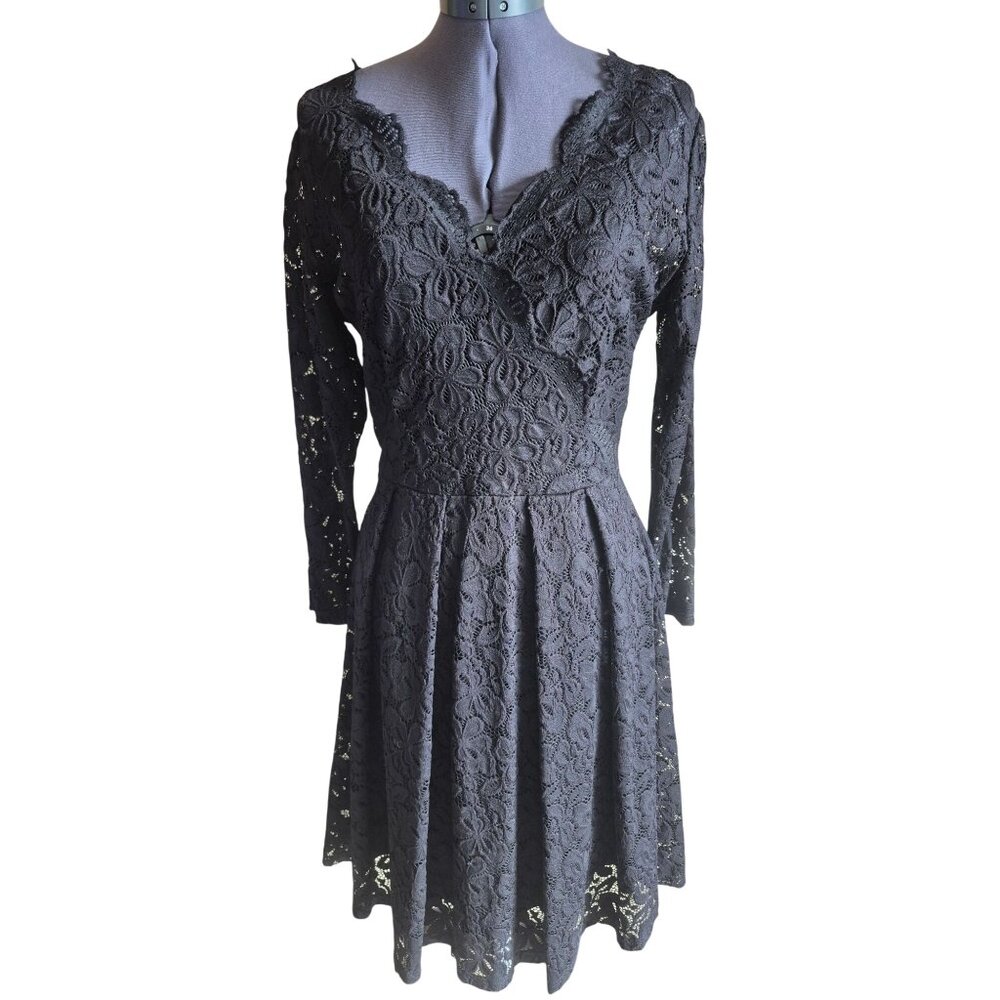 Missmay Black Lace Long Sleeve Fit & Flare Dress L Retro Floral V-Neck Party Sty